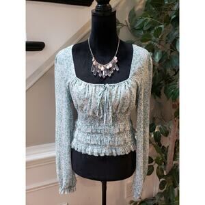 Millibon Blouse Top Womens L Green Floral Ruffled Smocked Tie Front Square Neck